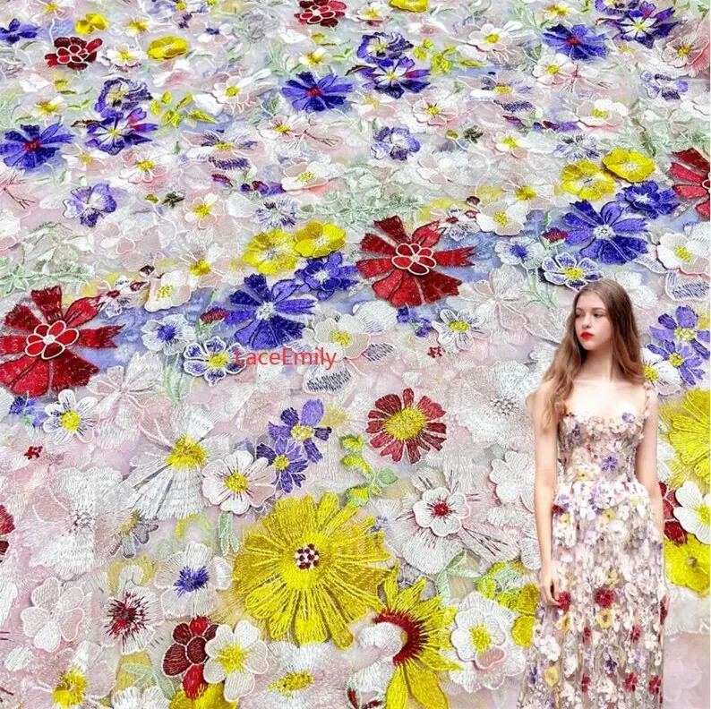 High quality 9 Colors 3d pink flower embroidery Lace Fabric colorful floral Tulle For Girl Dress Tutu Dress Wedding Dress