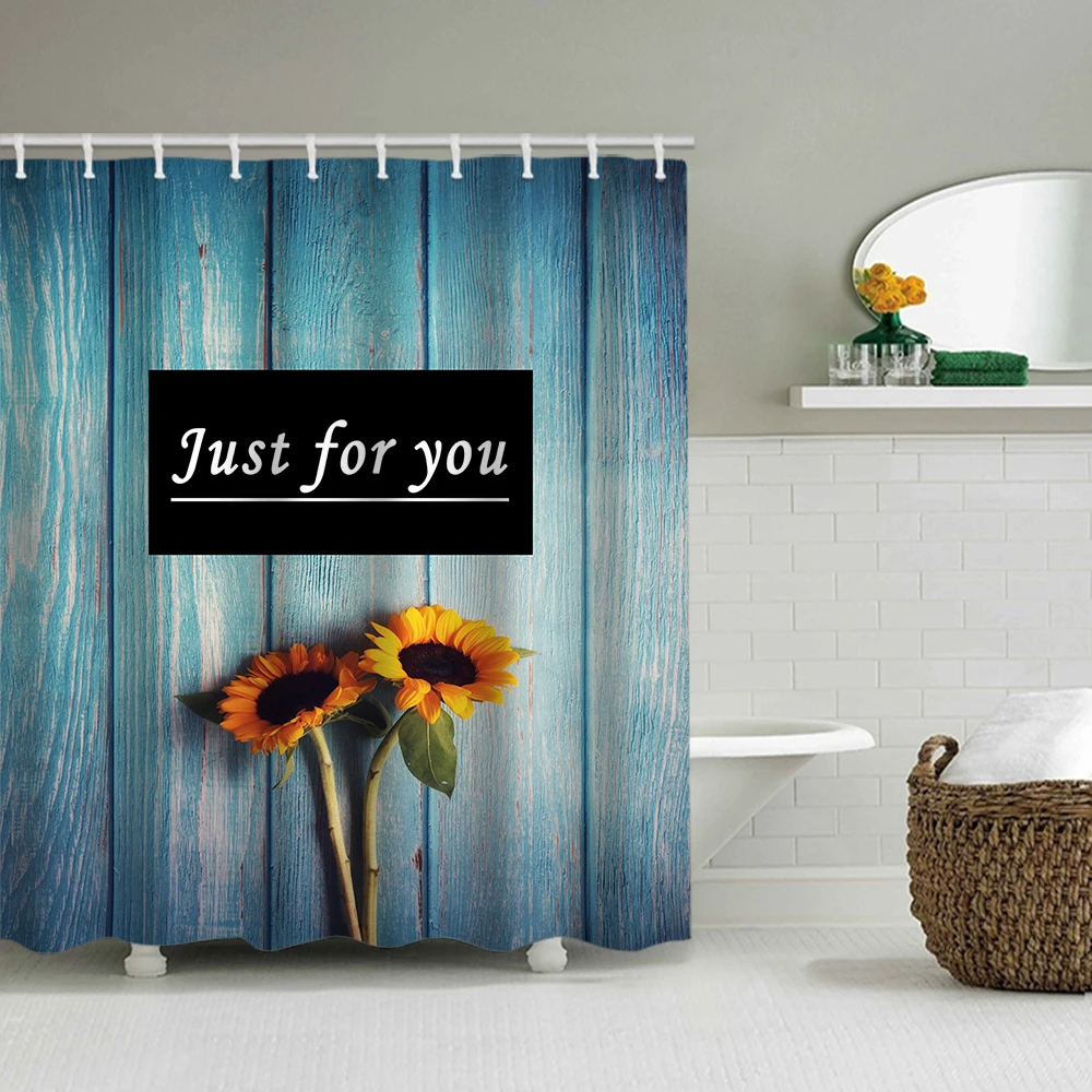 1/4 Wooden sunflower shower Curtains, Toilet Seat Decoration, Shower Curtain with Carpet and Toilet Lid, 12 70.8x70.8 inch Hooks