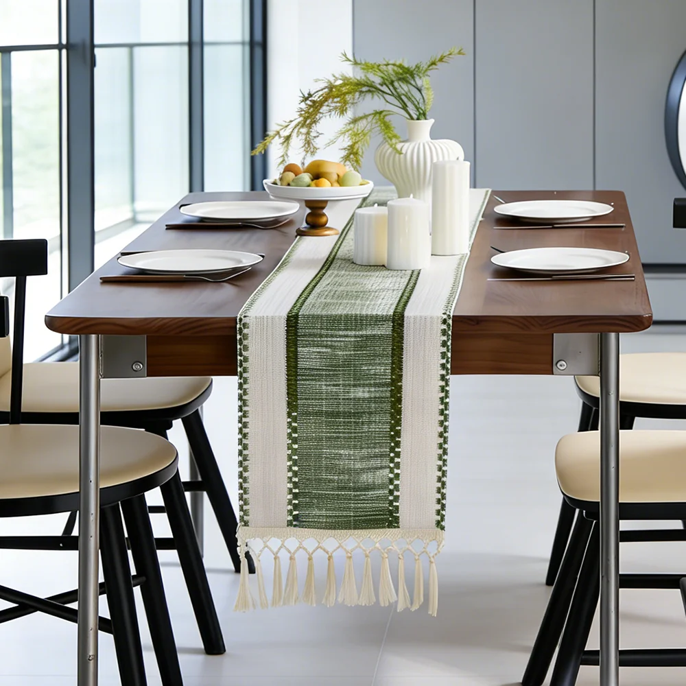 Green Boho Striped Green Table Runner - Hand - Woven Tassels, Ideal for Spring Tables, Round Coffee Tables & Rustic Home Decor