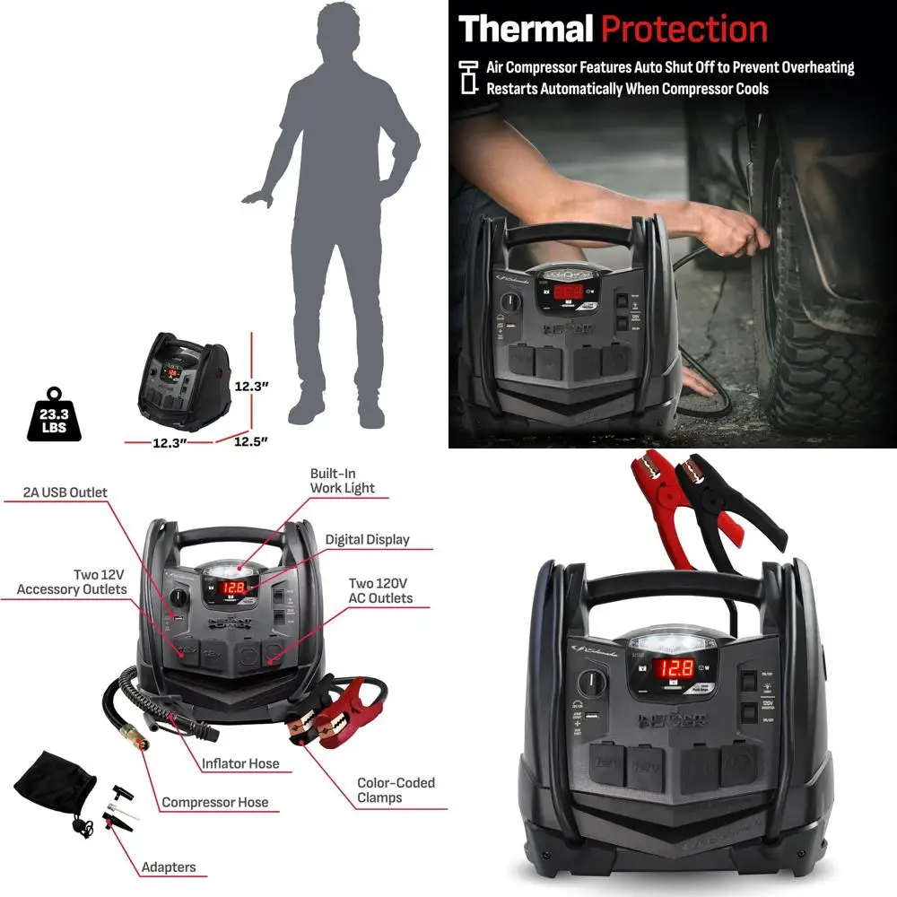 

Стартер для автомобильного аккумулятора 1200 А и портативная электростанция, решение 6 в 1, для аккумуляторов 12 В, воздушный компрессор 150 фунтов на квадратный дюйм, 200 континентов