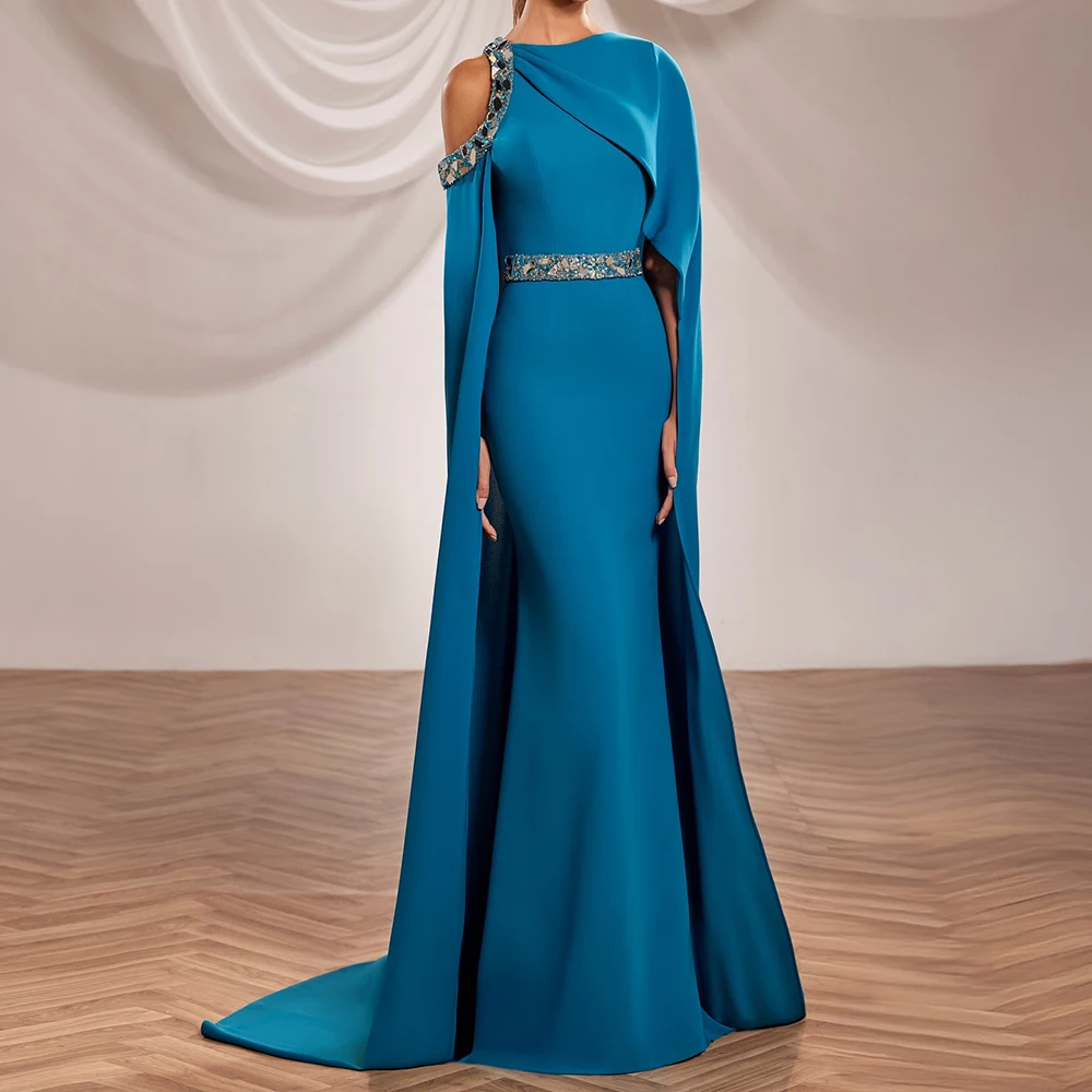 

Customized Mermaid Evening Dresses Floor-length O-neck Sleeveless Prom Gown Fashion Crystal Sequined Stole Draped Party Gown