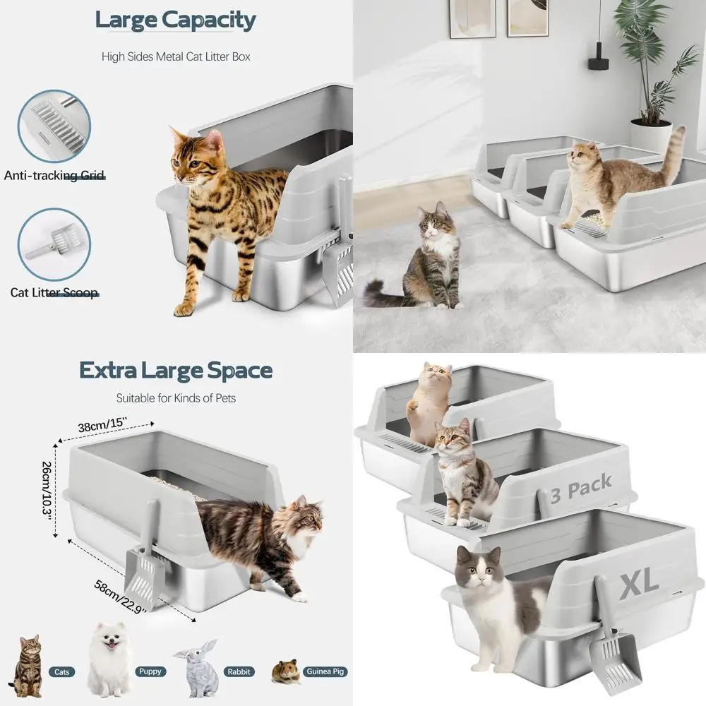 

Очень большой лоток для кошек из нержавеющей стали с высокими бортиками и совком, XL 22.9 x 15 x 10.3, легко чистится, защита от брызг, светло-серый