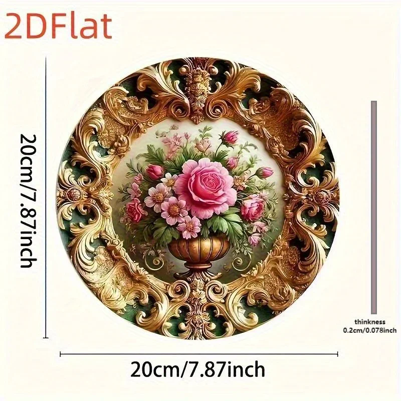 2D Flat, 2D Plane, 1pc of Vintage Golden Floral Round Aluminum Wall Art - Bohemian Style Pink Roses with Golden Frame, Reclaimed