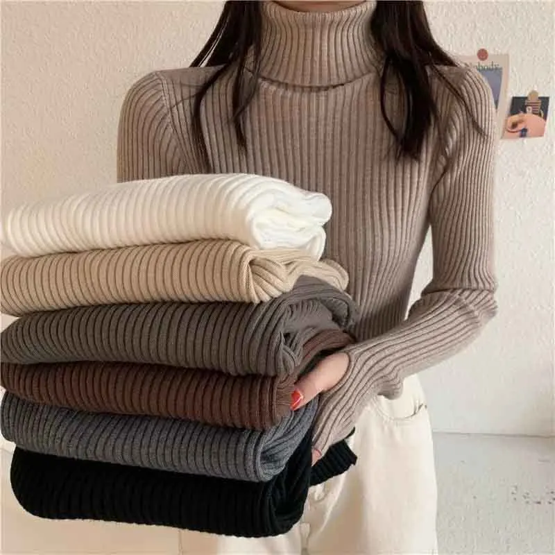 

Autumn Women Turtleneck Sweaters Fashion Slim Solid Basic Version Knitted Pullover Harajuku Streetwear Elastic Ribbed Jumpers