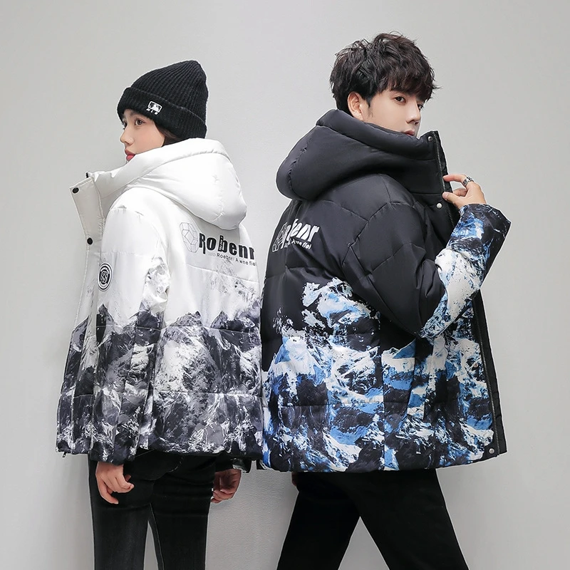 Men's down jacket, snow mountain pattern, white duck down filled hooded warm jacket, fashionable casual windbreaker