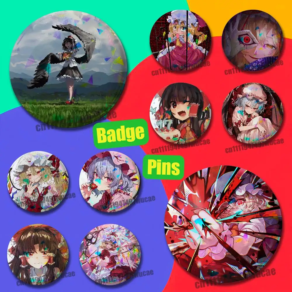 For T-Touhou Project Reimu Hakurei Marisa Kirisame Flandre Scarlet Badge Case Custom Pin Insignia Emblem Round Laser Film
