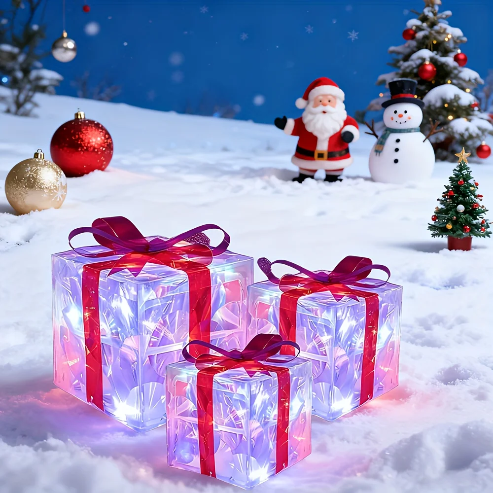 مجموعة هدايا ديكور العطلة الجديدة مكونة من 3 قطع لعام 2025 مع تأثيرات ضوئية ملونة، تعمل ببطارية AA (3 بطاريات غير متضمنة)