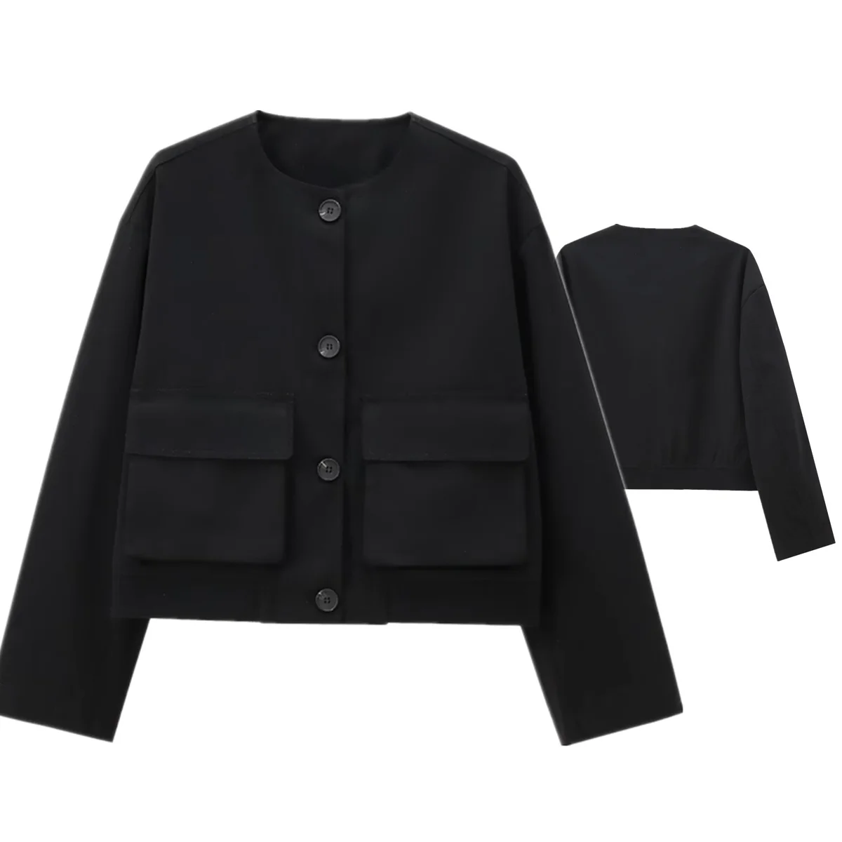 Maxdutti Autumn Women's Clothing Minimalist Black Bomber Jacket Retro Large Pocket Round Neck Suit Jacket Women