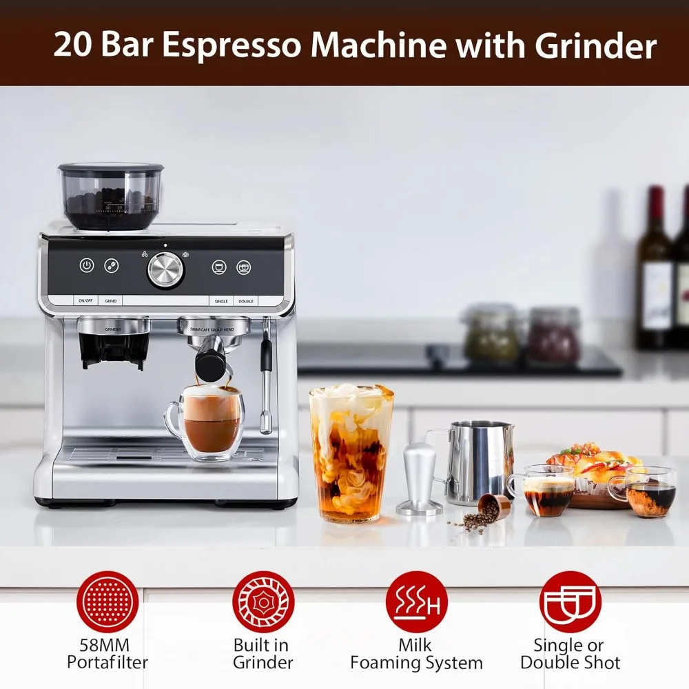 Espresso Machine with Grinder & Milk Frother, 20 Bar Espresso Coffee Maker, 2.8L Removable Water Tank, 1450W Semi-Automatic