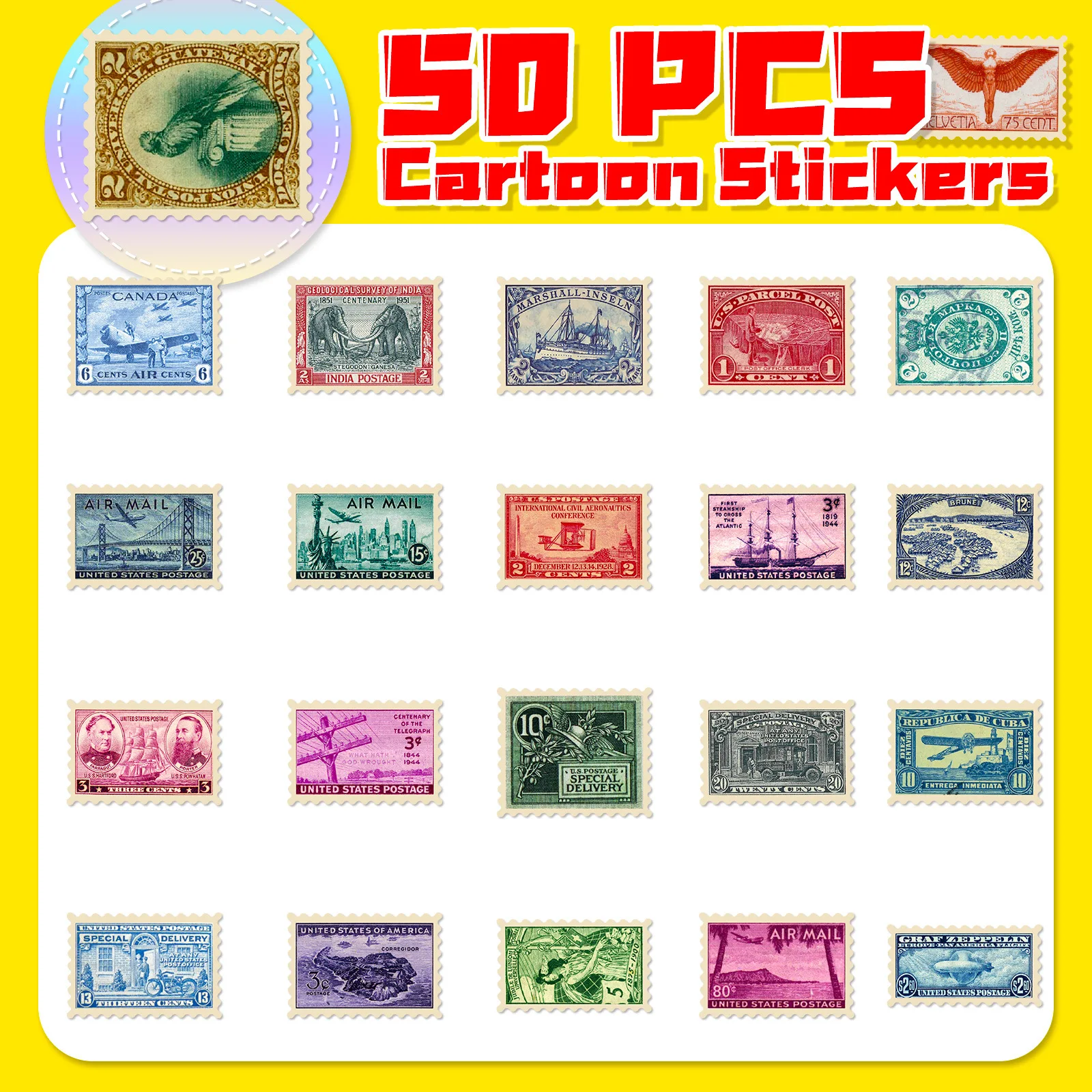 50pcs Coin European and American Retro Travel Cities Commemorative Postmark Wind Art Waterproof Sticker