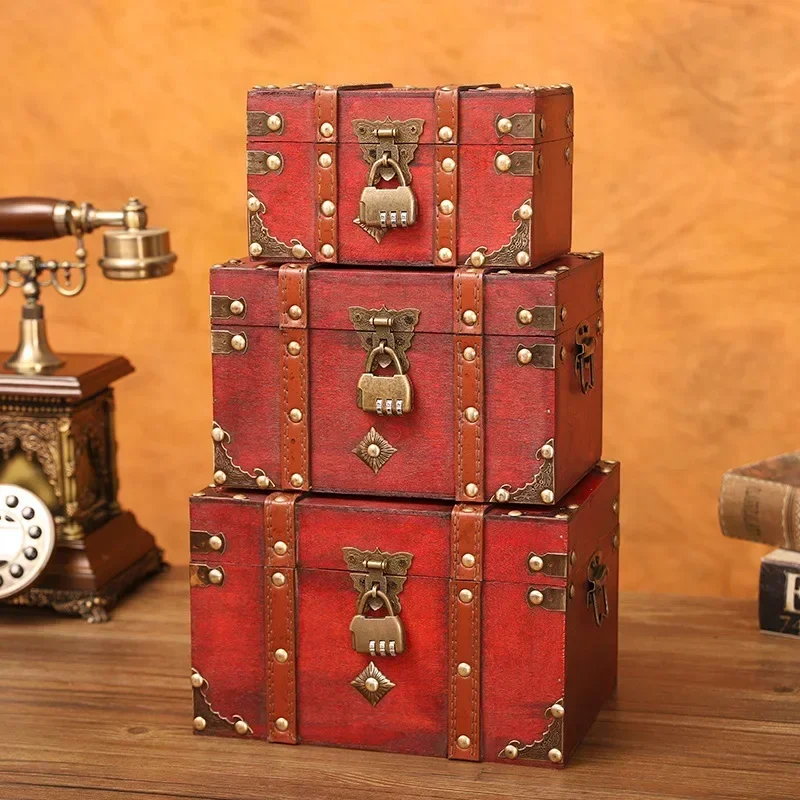 Retro Treasure Chest with Lock Vintage Wooden Storage Box Antique Style Jewelry