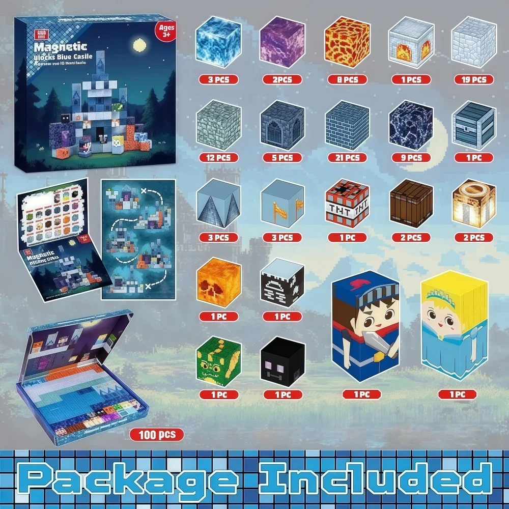 الإبداعية DIY الجمعية المغناطيسي الكرتون الأزرق القلعة اللبنات نموذج الجذعية ألعاب تعلم هدية تعليمية للطفل هدية عيد