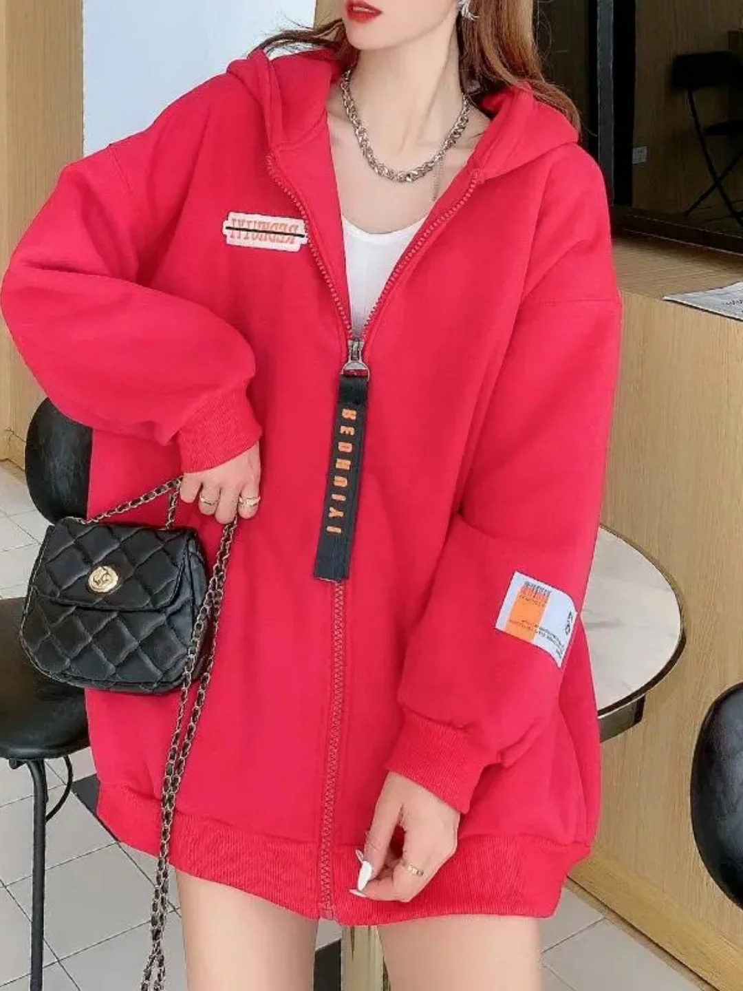 

Толстовка с капюшоном на подкладке в американском стиле ретро, большие размеры, женская верхняя одежда на молнии, повседневная удобная толстовка