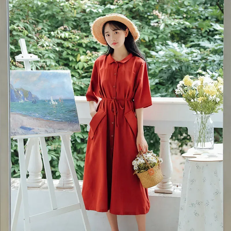 Women French Vintage Shirt Dress Summer Collared Drawstring Waist Midi Dress Literary Style