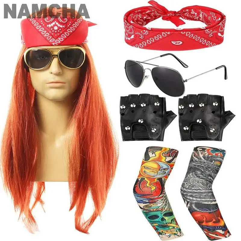 80s Disco Rock Star Pirate Wig Outfits Sunglasses Bandana Guitar Gloves Dollar Chain Men Set Halloween Party Accessories