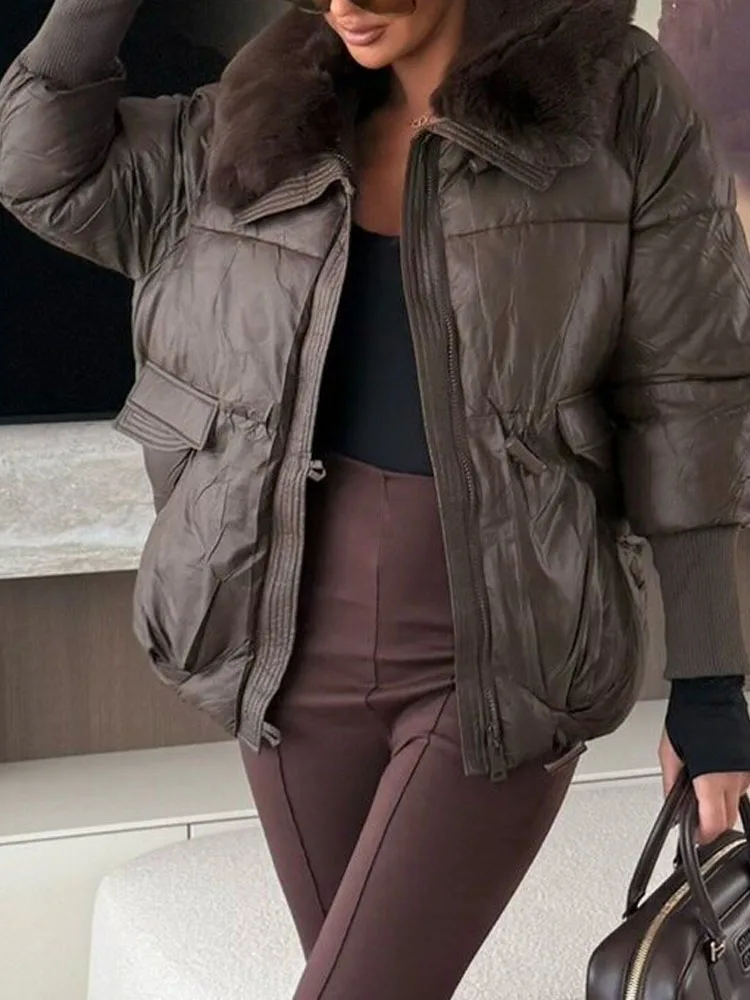 

Fashion Lapel Collar Zipper Thickened Coats Women's Casual Long Sleeve Solid Loose Outerwears Elegant Warm Pocket Plush Jackets