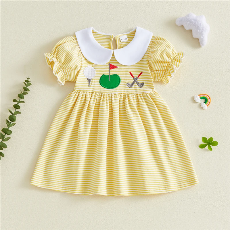 

Baby Girl Dress Puff Short Sleeve Doll Collar Golf Themed Embroidery Striped Print A Line Dress Casual Summer Dress