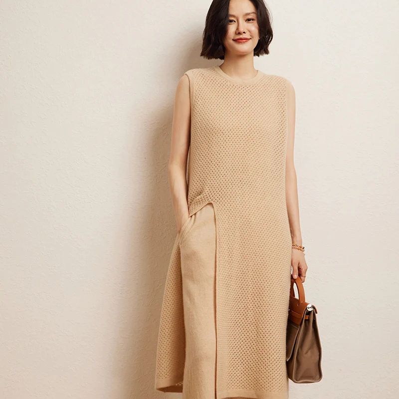 Autumn Women 100% Cashmere Dress Long Knit Jumper New Fashion Hollow Out O-Neck Sleeveless Dresses Female Mid-calf Pullovers