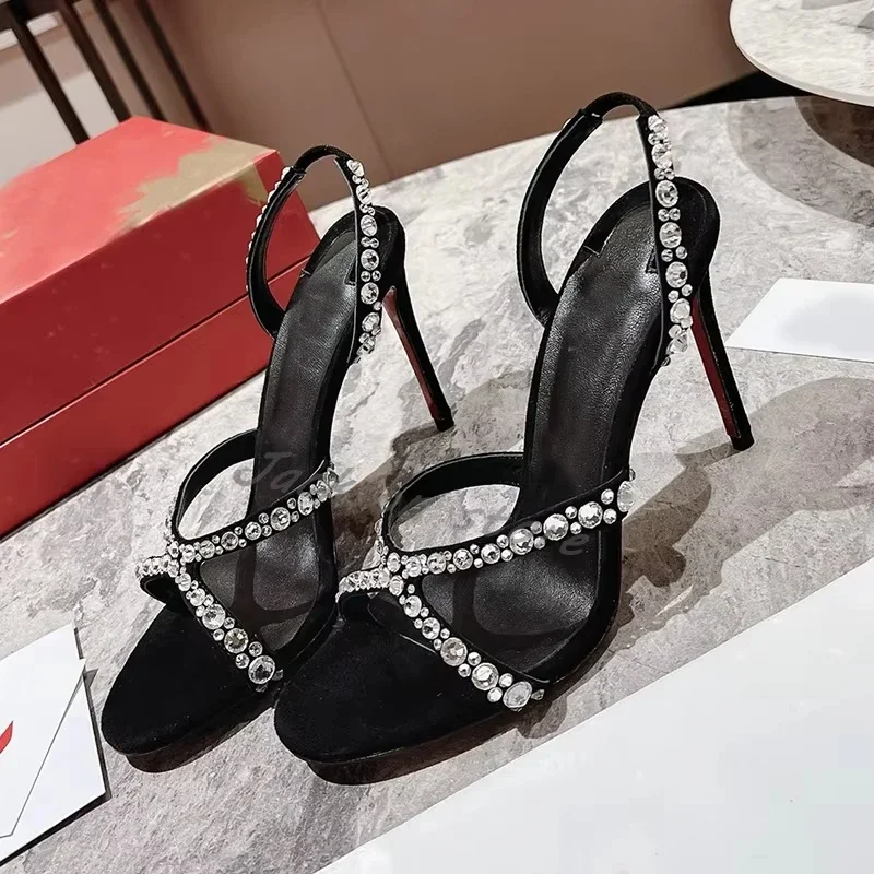 

Fashion Pink Crystal Sandals Women's Luxury High Heel Wedding Shoes Handmade Suede Trip Strap Ladies Party Pumps Big Size