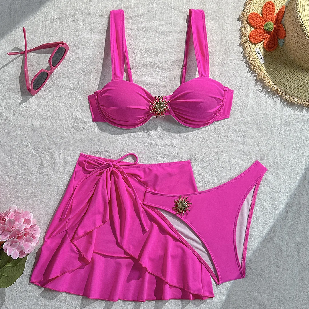 3-teiliges Set mit Rüschenrock, Bügel-Bikini, Damen-Badeanzug, Damen-Bademode, dreiteiliges Bikini-Set, Badebekleidung, Badeanzug, Schwimmbekleidung V7683H – Detail 10