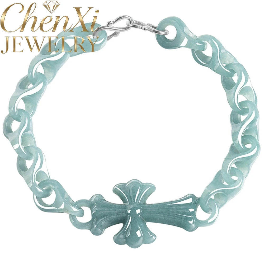 High-end Natural Genuine A-grade Ice Blue Water Jadeite Cross Interlocking Rings Hand Bracelet Selling Luxury Quality Jewelry