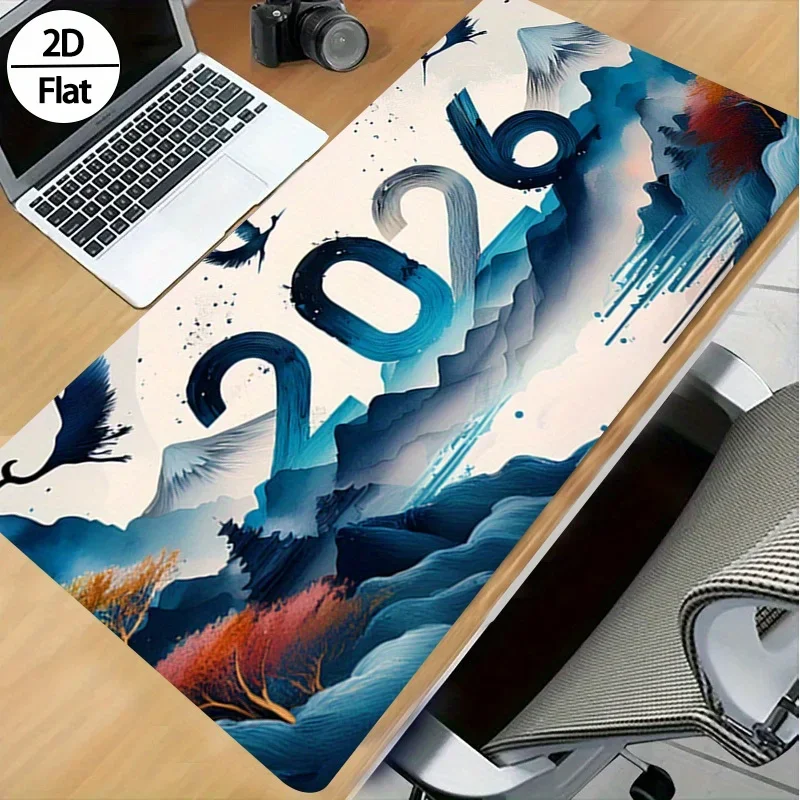 2026 New Year Ink Painting 2D Pattern Large Rubber Mouse Pad Smooth Gaming Office Desk Mat Holiday Gift