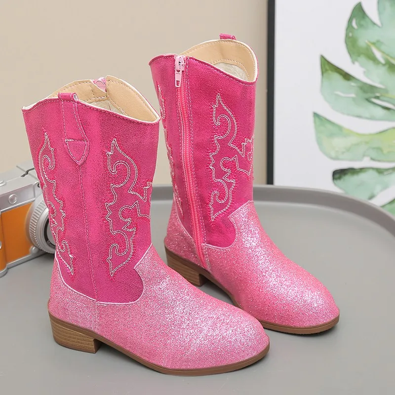 

Winter Rose Red Children's Non-Slip Boots Embroidery Pattern Side Zipper Girls Small Heels Thigh-High Botas Suitable Daily Wear
