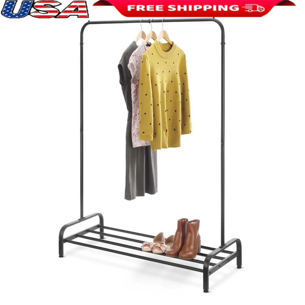 

Freestanding Garment Rack with Shelf Double Hanging Rods Stoppers Durable Metal Construction Easy Assembly Laundry Bedroom