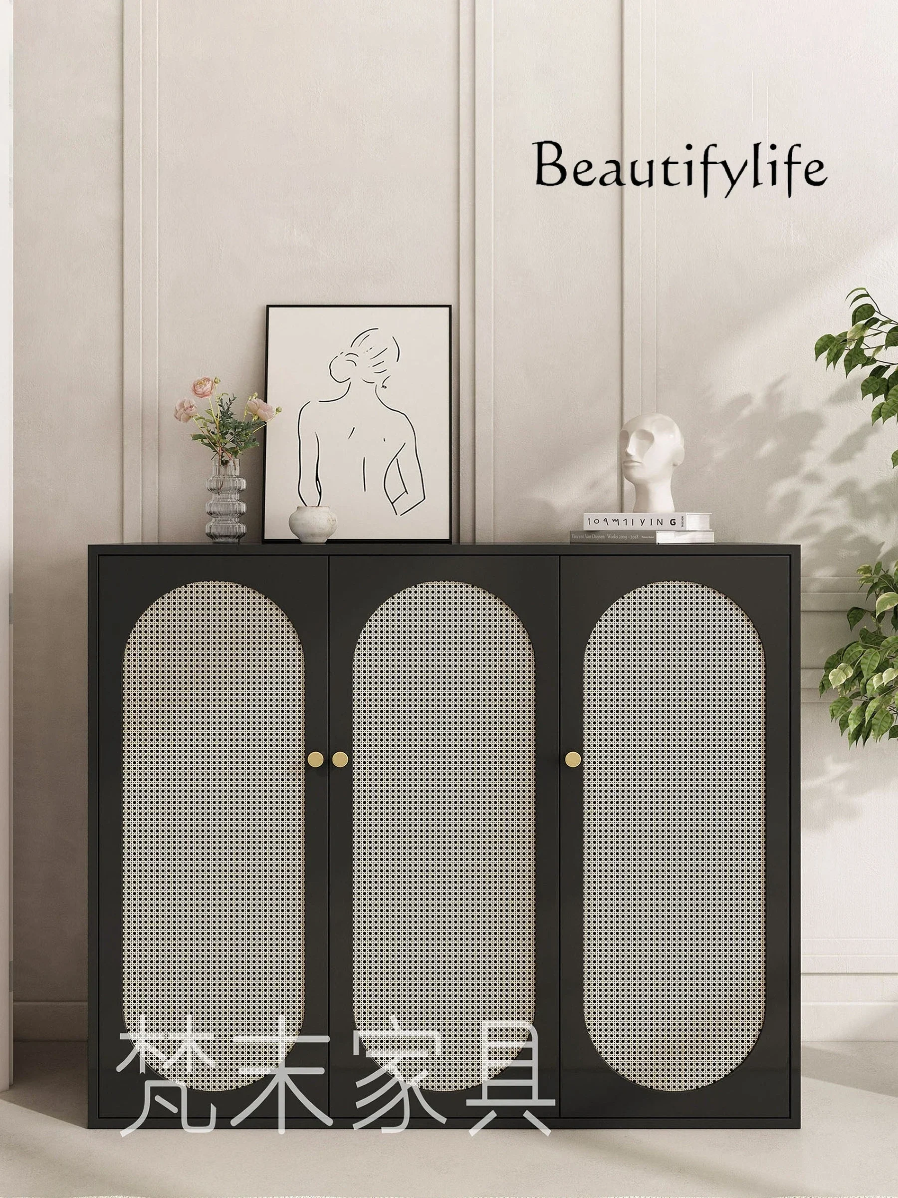 

Nordic Solid Wood Rattan Shoe Cabinet Breathable Hallway Cabinet Storage Home Living Room Side Cabinet Locker