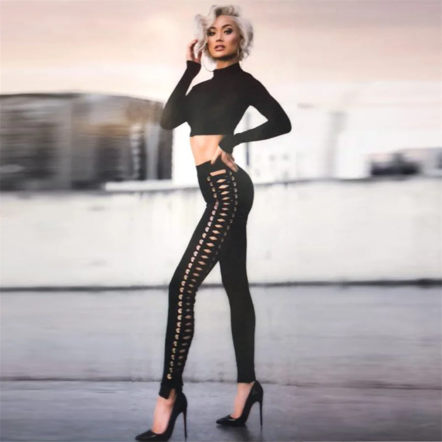 

2023 Fashion New hot sexy evening club party women Bodycon Bandage pants black pencil pants knitted bodysuit bandage playsuit