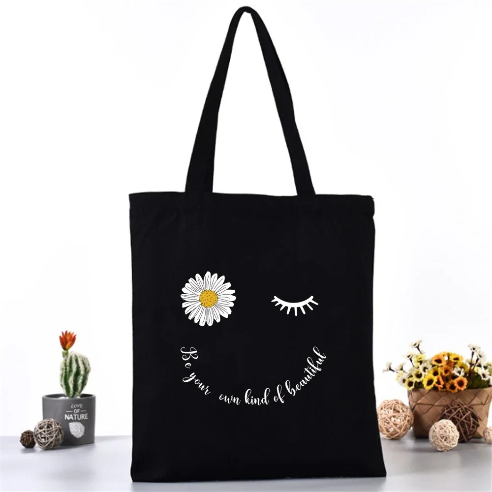 Fresh Daisies Black Canvas Bag Eco Single Shoulder Bag Folding Bag Handbag Shopping Bag Commuter School Travel Daily Use Gifts