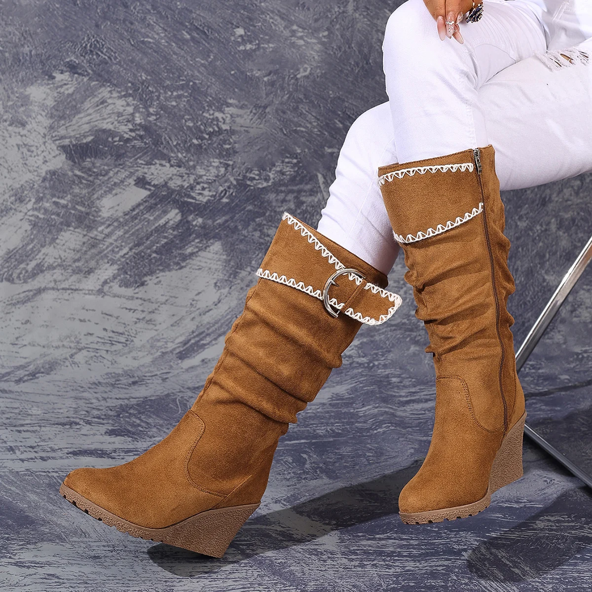 حذاء نسائي أنيق ومريح بإبزيم، دانتيل بيج، عريض عالي الجودة #5