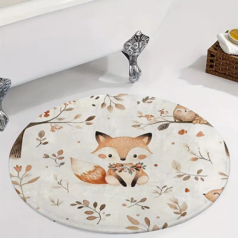 Cute Fox Owl Forest Round Mat Watercolor Autumn Leaf Animal Pattern Rug For Bedroom Living Room Decor