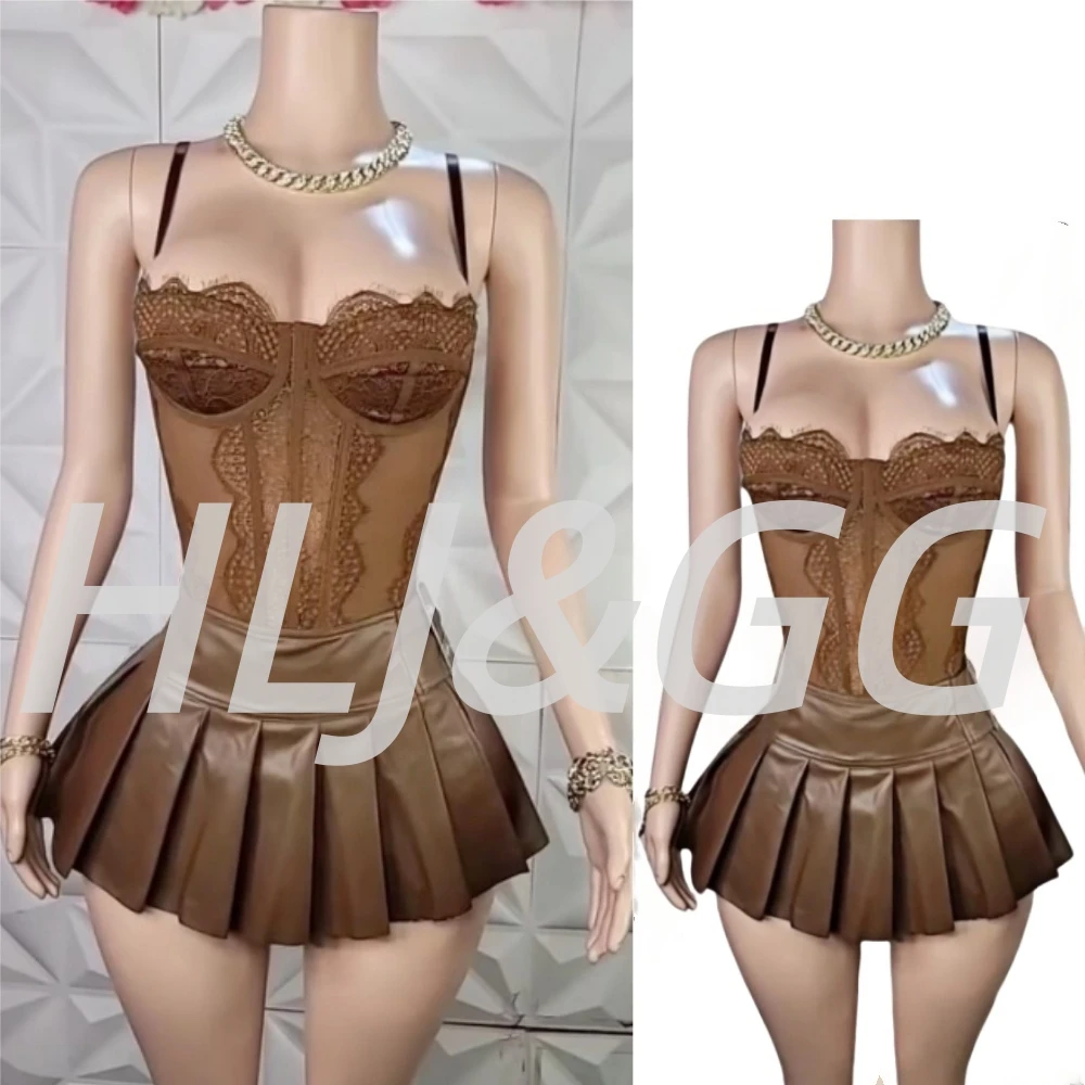 

HLJ&GG сексуальный кружевной прозрачный корсет, комплект из двух предметов, женский тонкий топ на бретельках и кожаные мини-плиссированные юбки, наряды