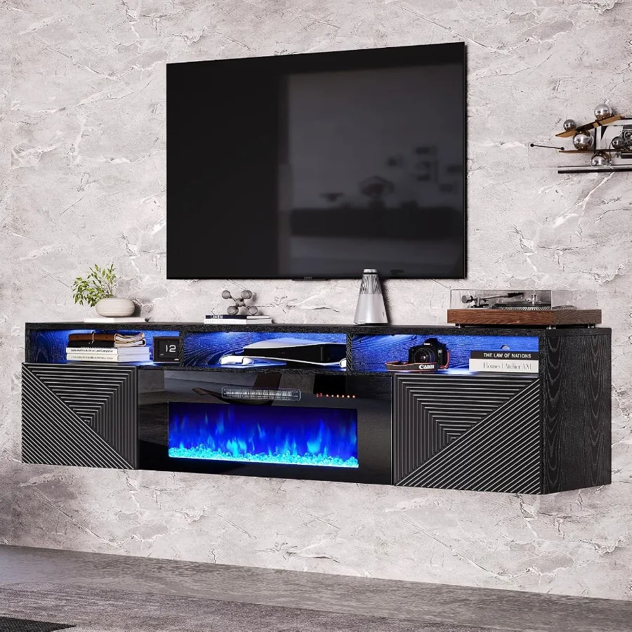 AMERLIFE Floating Fireplace TV Stand with 36 Electric Fireplace 70in Wall nted Entertainment Center with Storage Media Console