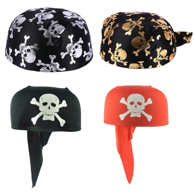 652F Elastic Headscarf Skull Print Hair Scarves Y2K Headwrap Pirate Kerchief