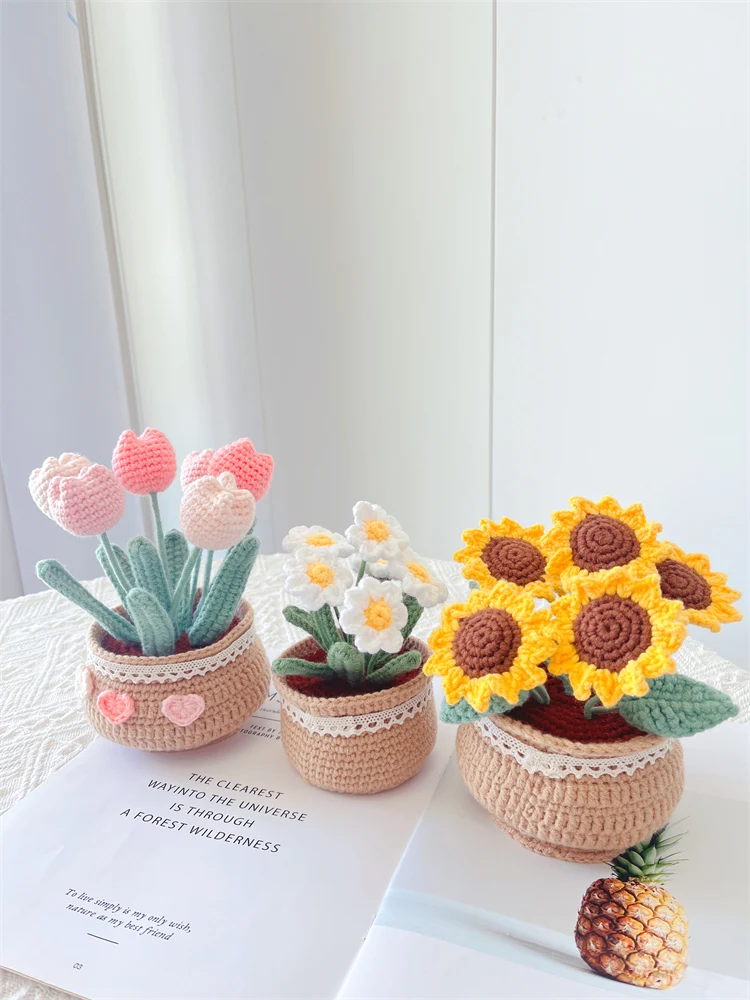 

Hand-woven bouquets, tulips, daisies, potted plants, crocheted homemade decorative items