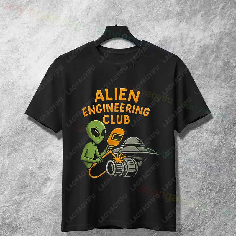 Funny Alien Engineering Club UFO Welding Graphic T-shirt Casual Humor Style Short Sleeve 100% Cotton Tshirt Perfect for Adults
