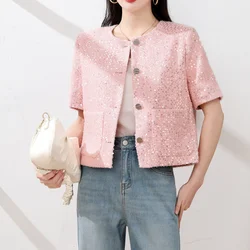 Abrigo de Tweed con lentejuelas y cuello redondo para mujer, chaqueta de manga corta con fragancia pequeña, elegante, coreana, salvaje y brillante, de alta calidad, para verano, 1374