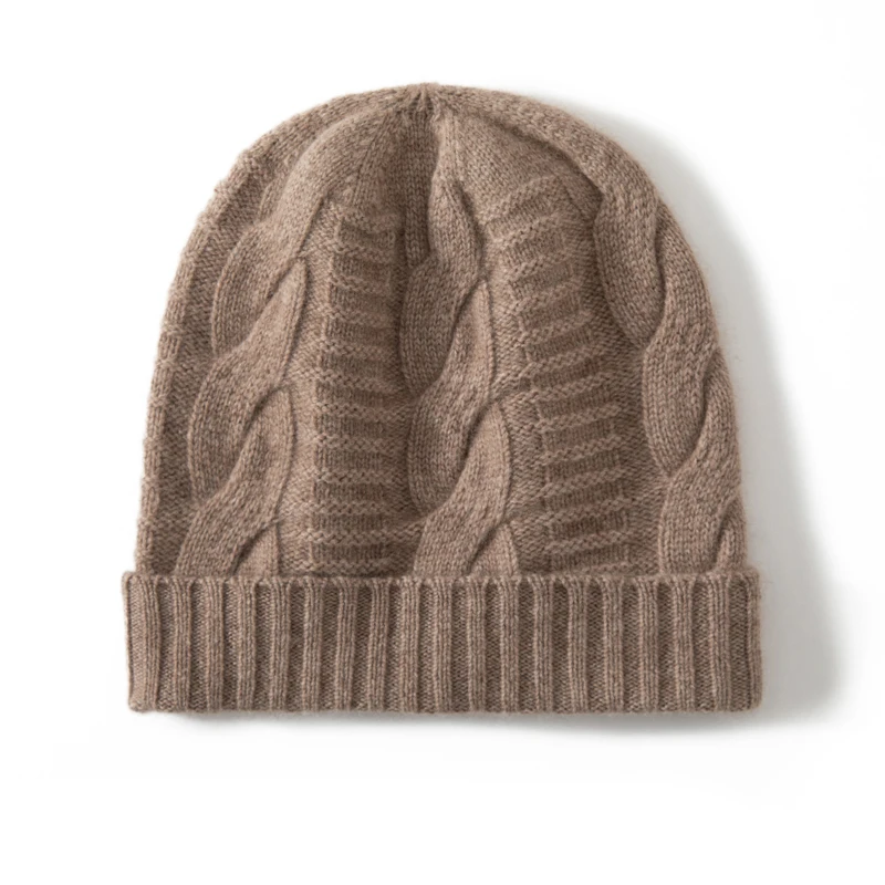 KOIJINSKY Women Autumn Winter 35% Cashmere 65% Merino Wool Knitted Beanie Classic Thick Cable Twist Knit Elastic Slouchy Warm Wi