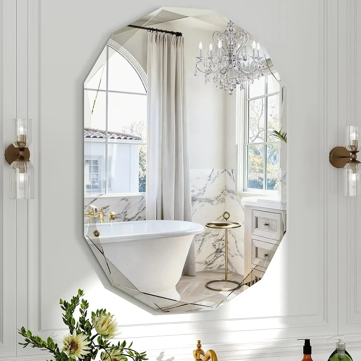36x24 Inch Beveled Oval Bathroom Mirror, Frameless Copper-Free Silver Mirror, Modern Vanity Mirror, Decorative Wall Mirrors Over