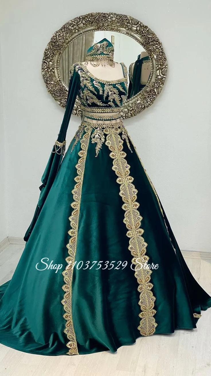 Custom Green Evening Gown Gorgeous Beaded Embroidered One Shoulder Wedding Dress Unique Ethnic Bridal Gown Algerian Wedding Dres