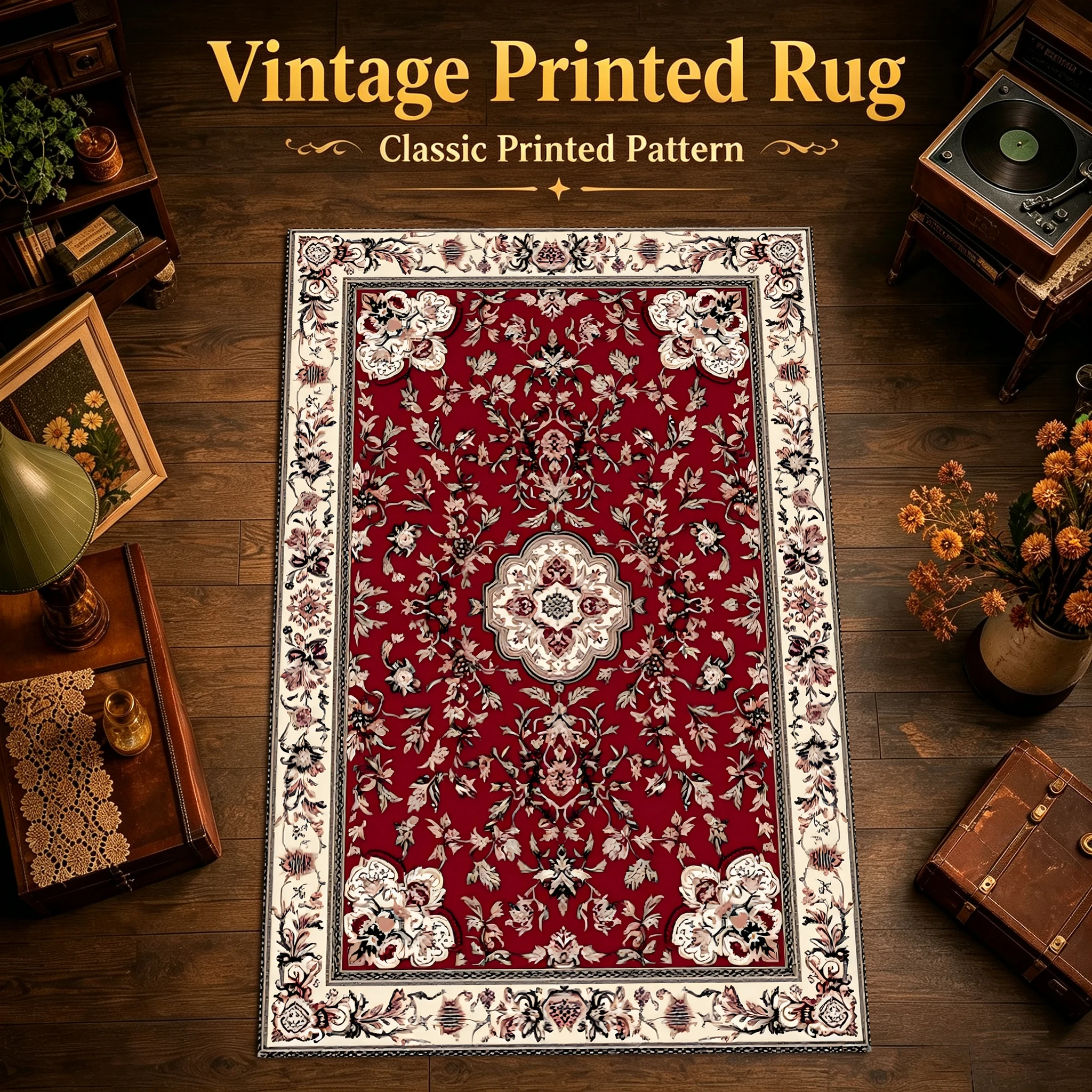 2D Large Carpet with Red Background and Classic Persian Pattern, Suitable for European Retro-Style Living Room and Bedroom, Can Be Used to Instantly Refresh Autumn and Winter Decorations