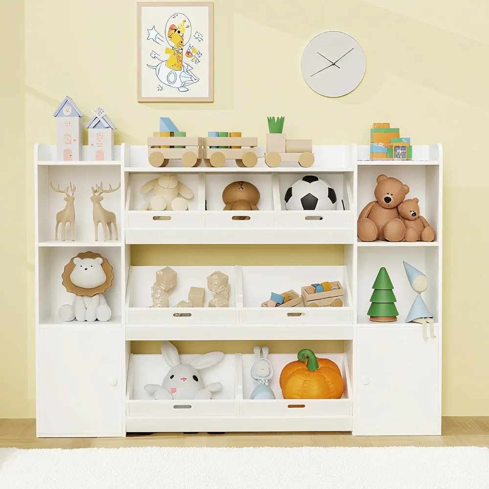 

Kids Toy Storage Organizer, White Wooden Bookshelf with 7 Storage Boxes, 4-Tier Cabinet with 6 Shelves and Cubbies for Nursing R