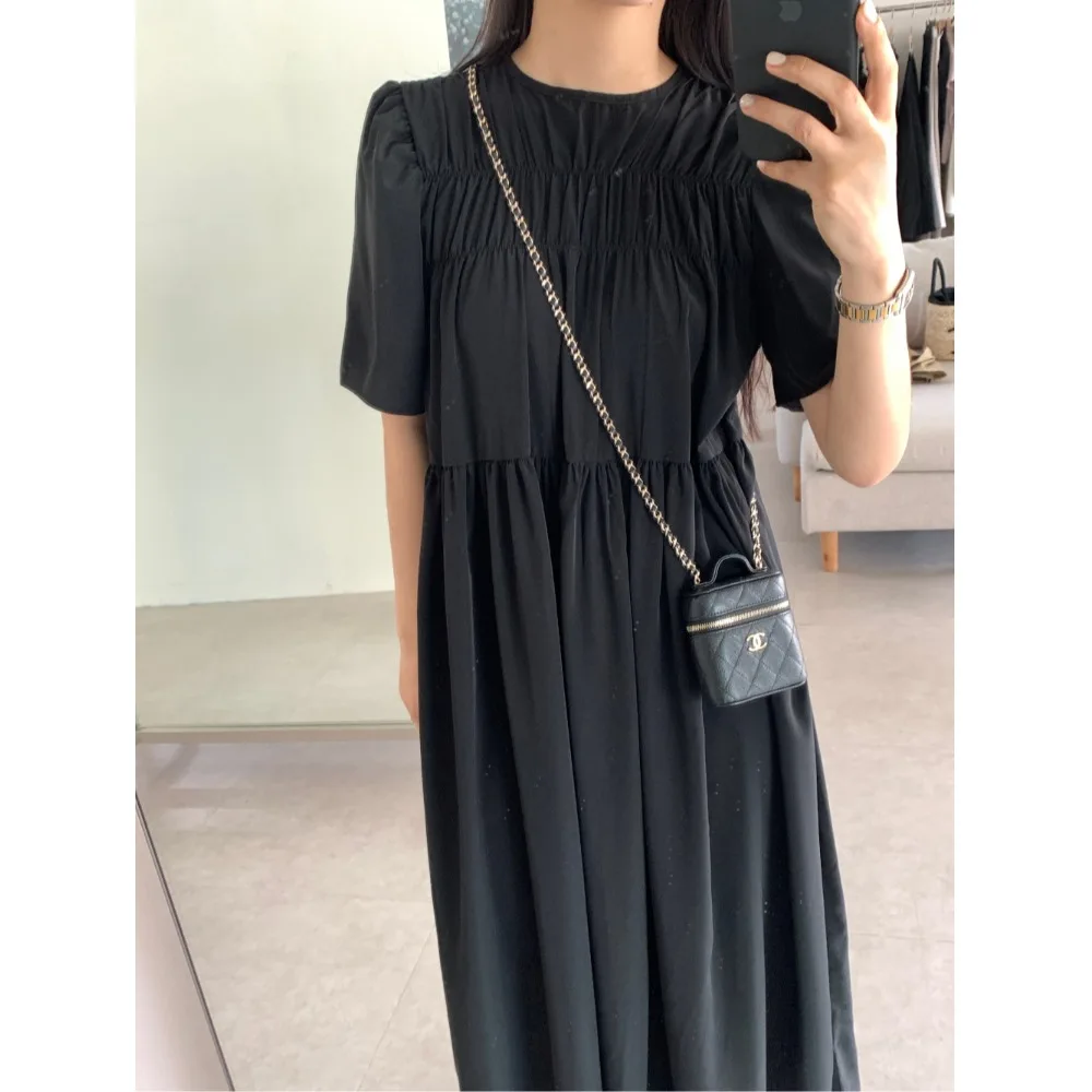 

Soft Wind Simple Elegance round Neck Pleated High Waist Slimming Pure Cotton Bubble Sleeve Dress Korean Style Spring Autumn W...