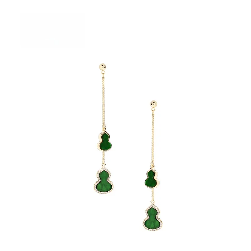 Sumni 18K Gold Plated S925 Silver Needle Green Earrings Gourd Tassel Women's Elegant Fashion Ear Jewelry Luxury