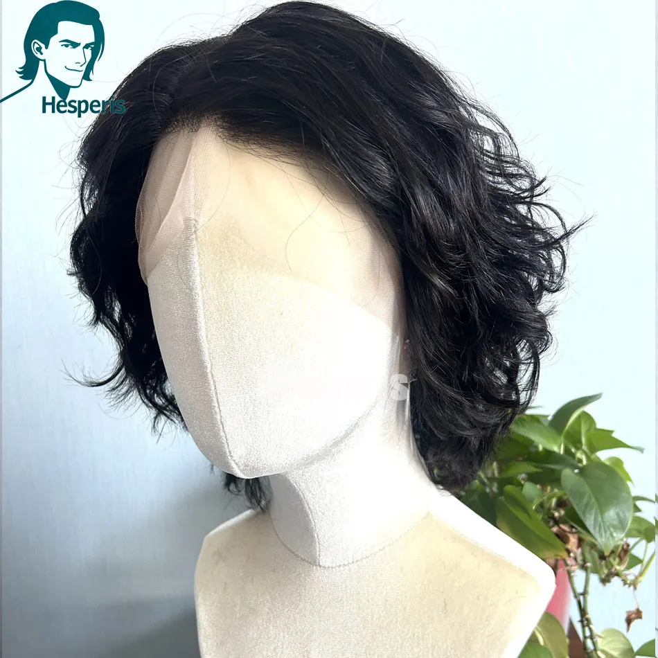 Hesperis لينة موجة الشعر البشري تأثيري الرجال الباروكات ارتداء اليومي موجة 13x6 الدانتيل الجبهة الباروكات للذكور أسود اللون رجل الباروكات الجزء الأوسط