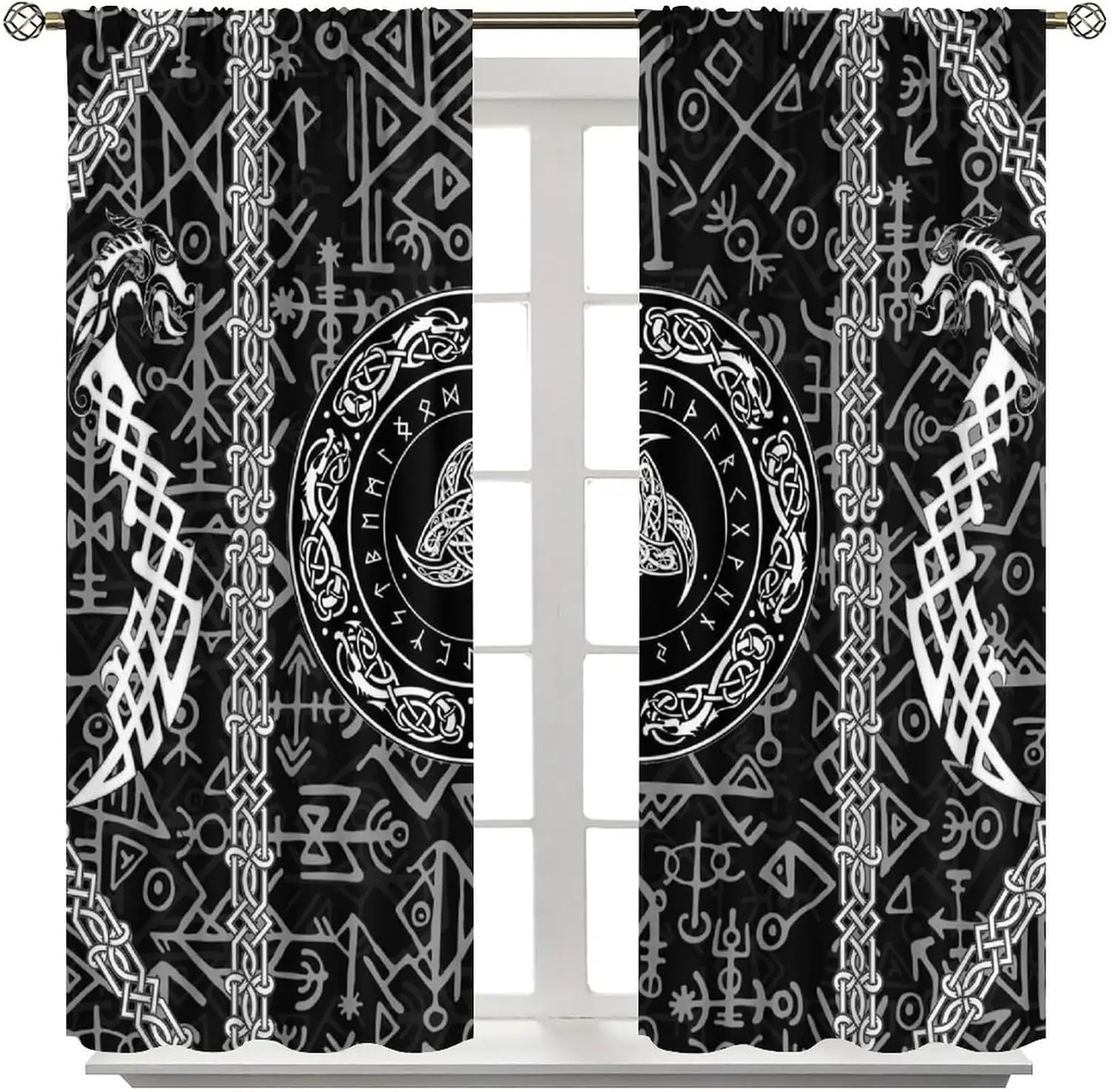 Norse Viking Art Curtains, Raven Dragon Rune Totem Mystical Geometric Window Drapes for Boys Youth Bedroom Living Room Decor