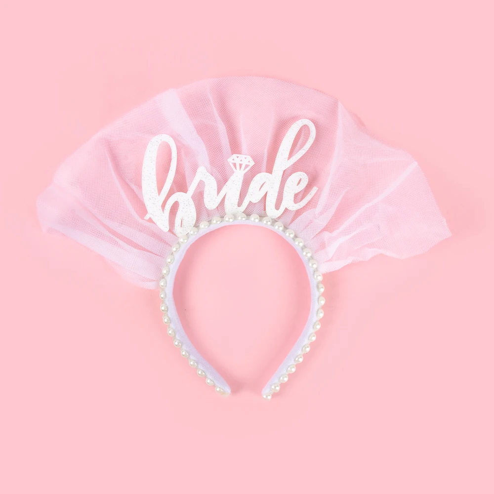 Bride To Be  White Pearl Crown Headband With Veil Bachelorette Party Decoration Wedding Bride Headband Bridal Hair Accessories