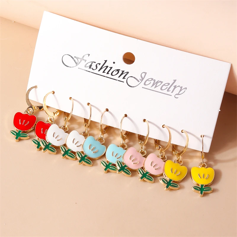 

5Pairs/Set Fashion Colorful Flower Hoop Earrings for Women Tulip Flower Circle Earrings Girls Party Holiday Jewelry Gifts